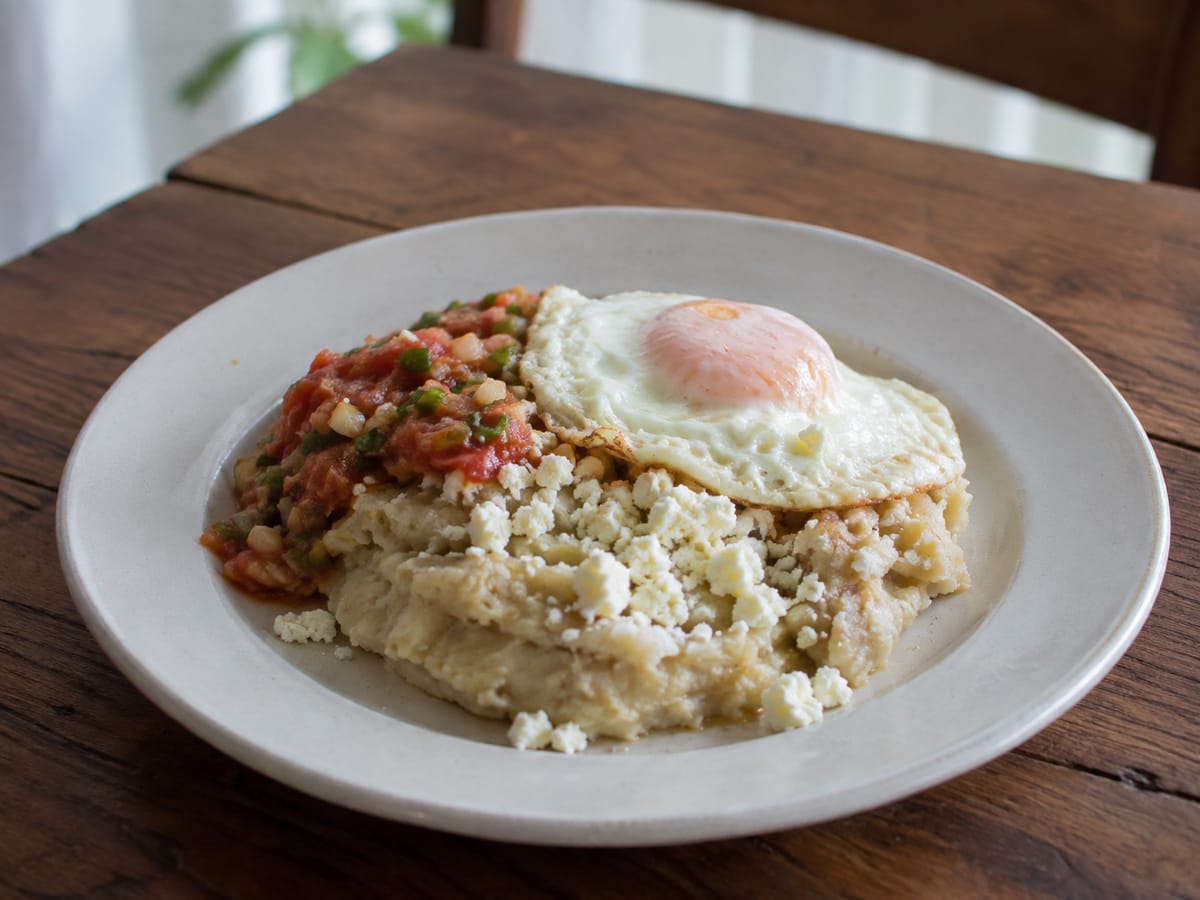 Cayeye de guineo verde con huevo, hogao y queso costeño