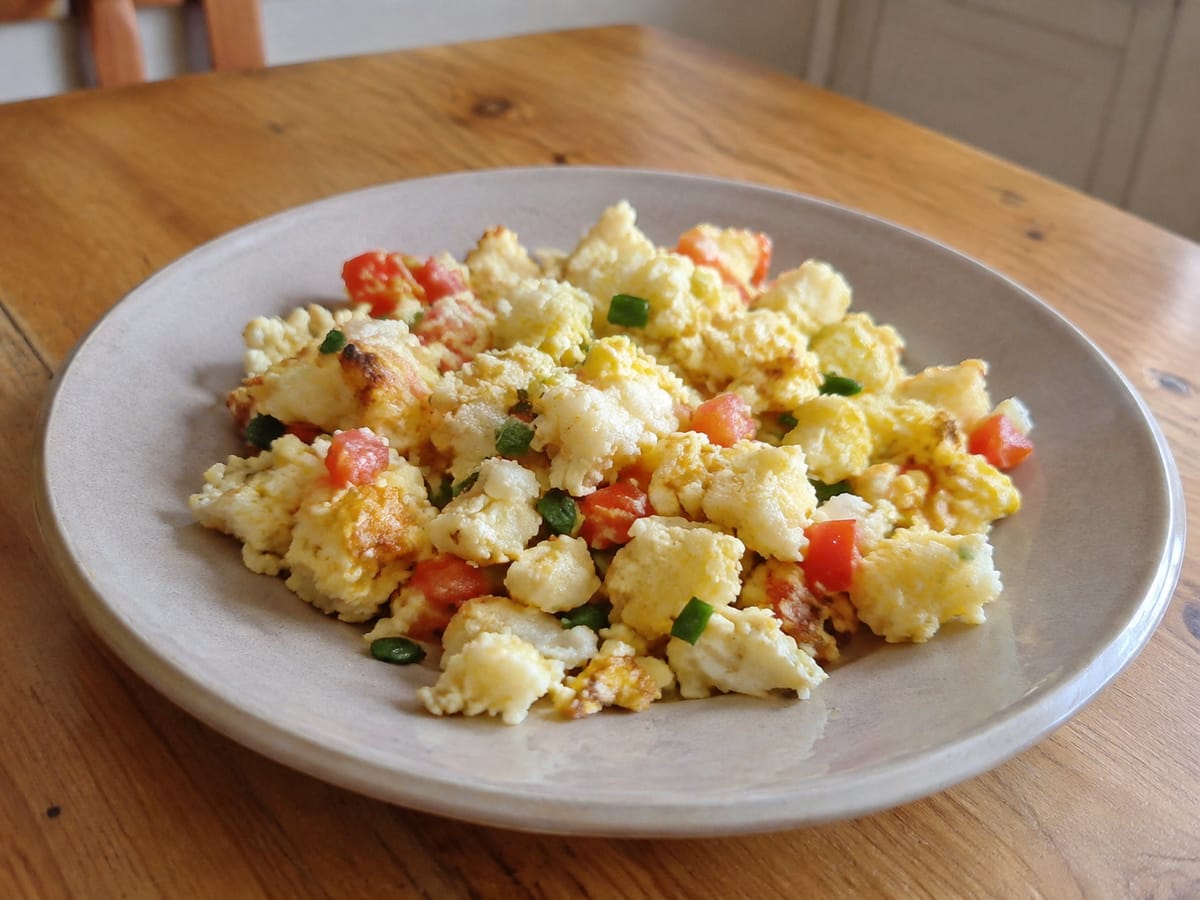 Migas de arepa doradas mezcladas con huevo, tomate y cebolla larga